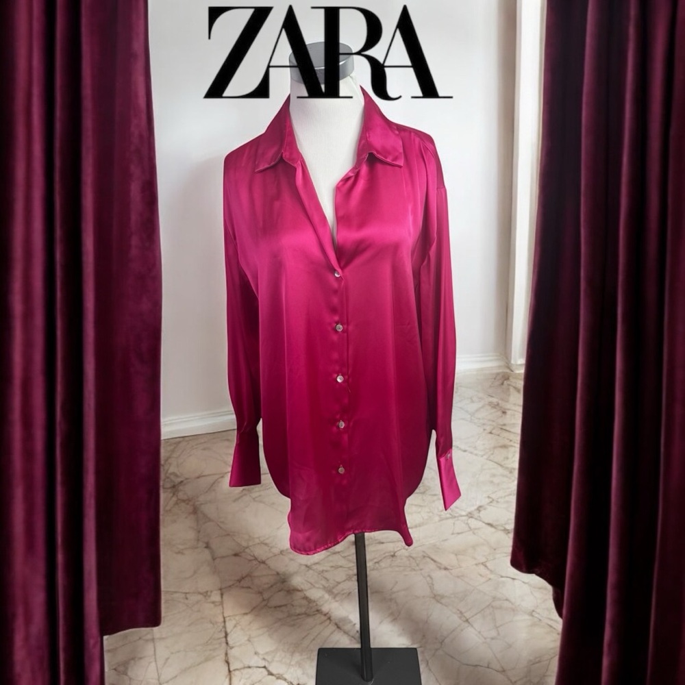 New Zara Satin Button-Up Shirt in Fuchsia